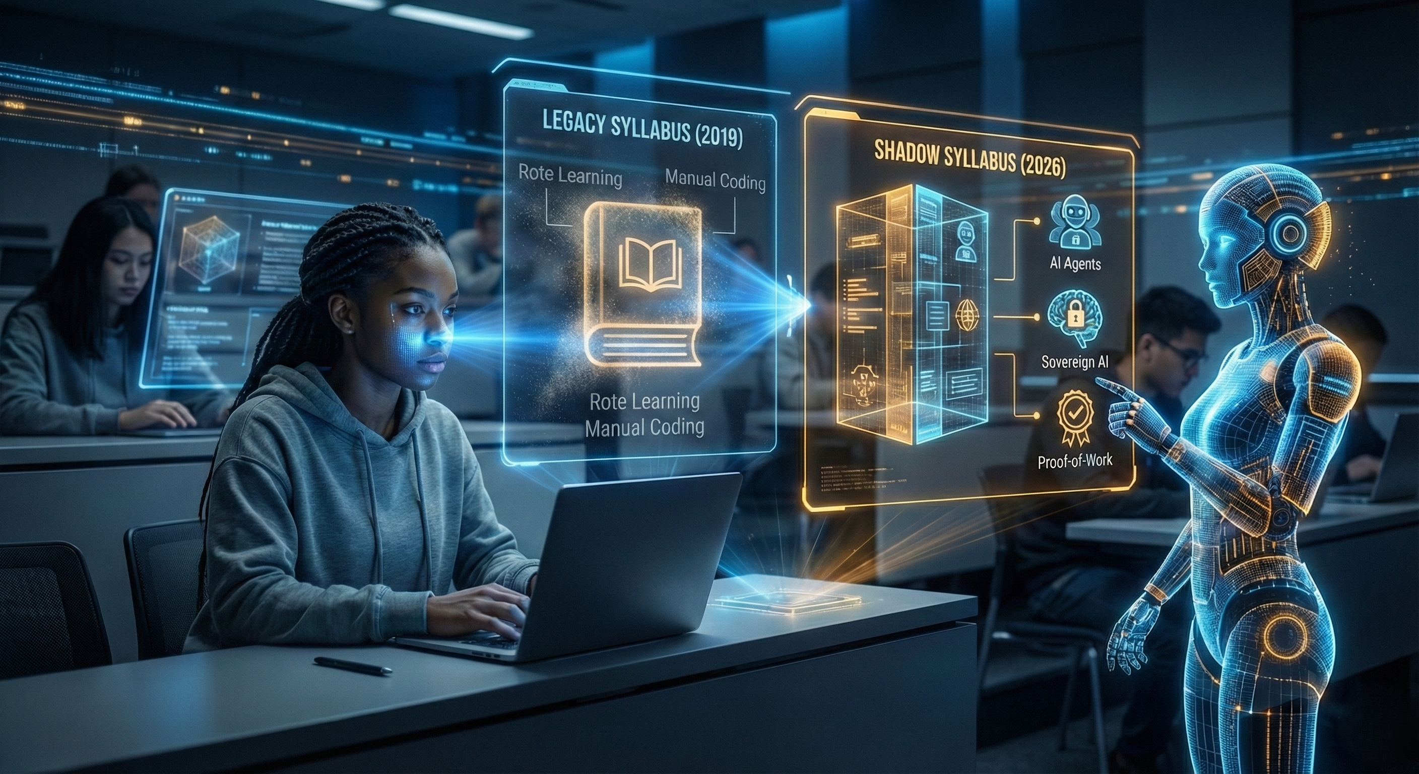 Student sitting in a dark classroom with a holographic AI projection